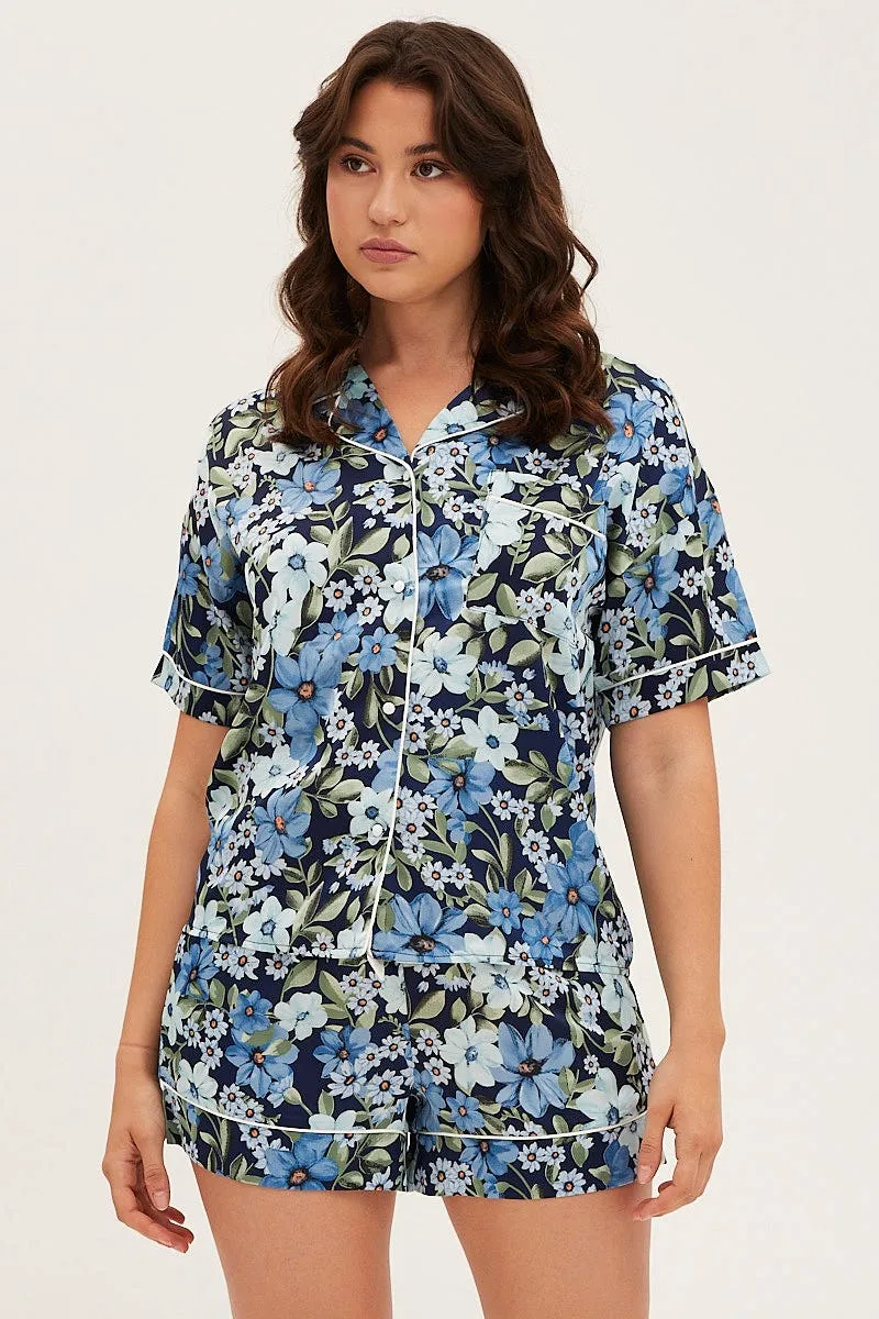 Print Satin Pajamas Set Short Sleeve
