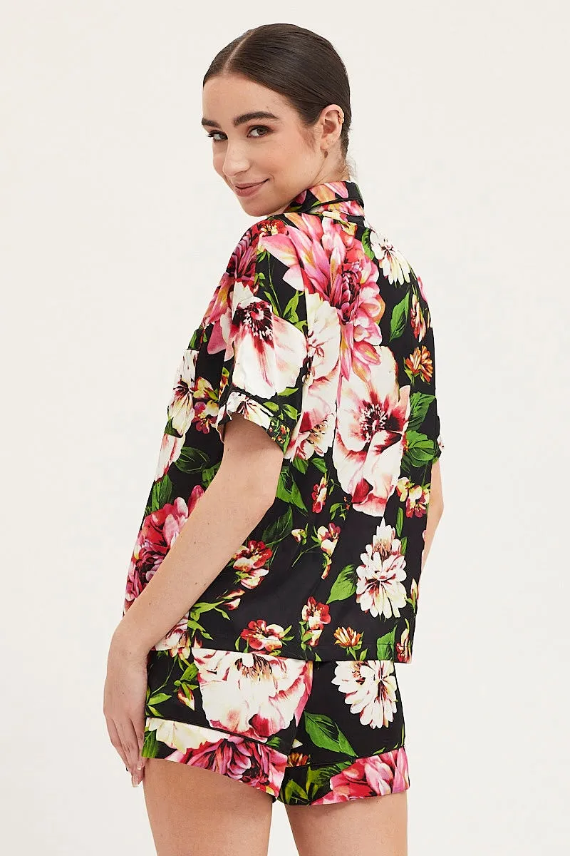 Print Satin Pajamas Set Short Sleeve