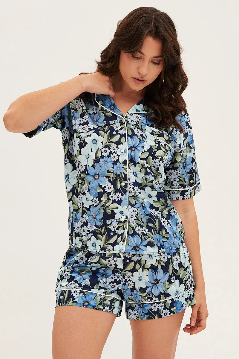 Print Satin Pajamas Set Short Sleeve