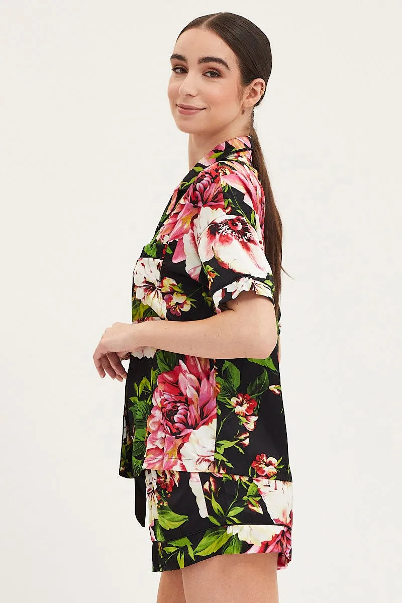 Print Satin Pajamas Set Short Sleeve