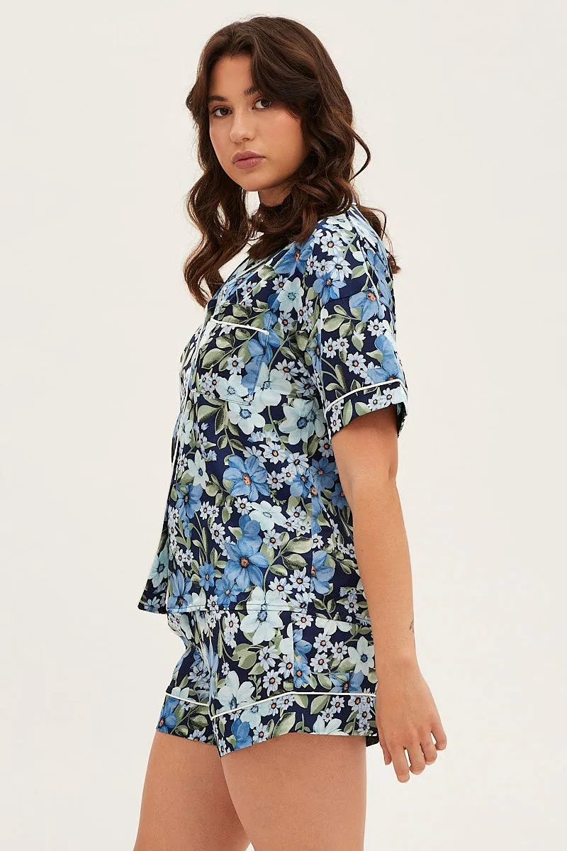 Print Satin Pajamas Set Short Sleeve
