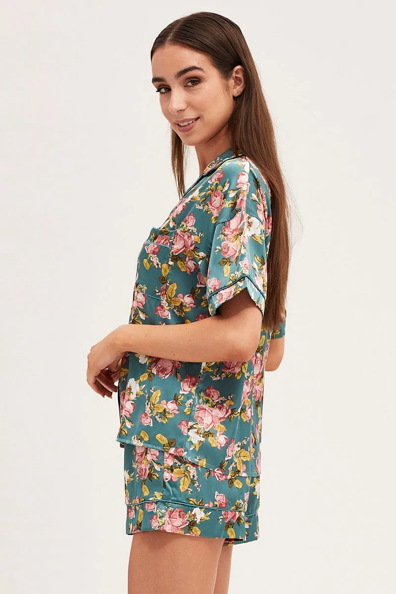 Print Satin Pajamas Set Short Sleeve