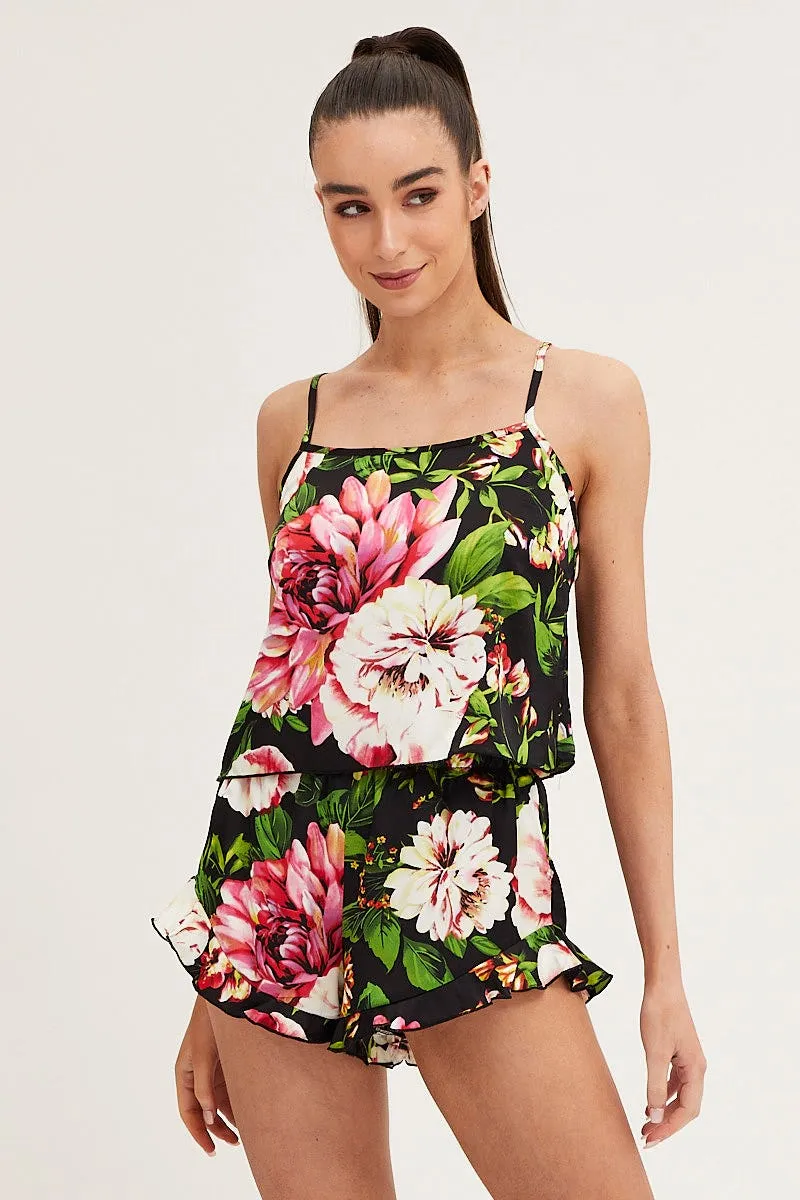 Print Satin Pajamas Set Sleeveless