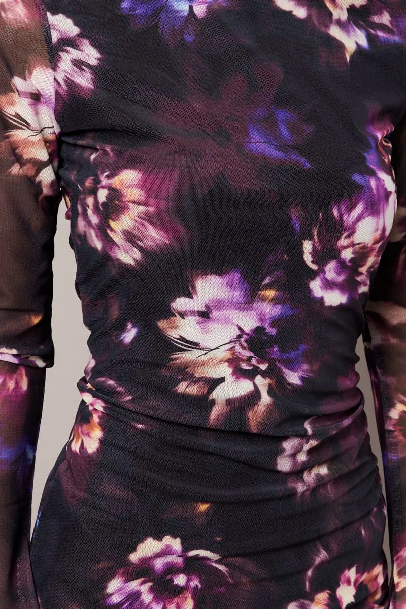 Purple Abstract Bodycon Dress High Neck Mini Long Sleeve
