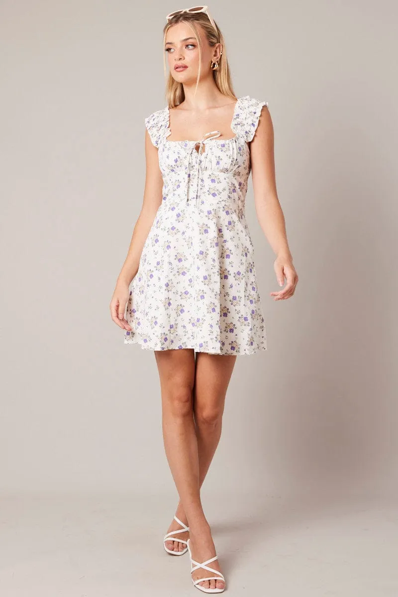 Purple Floral Fit And Flare Dress Mini