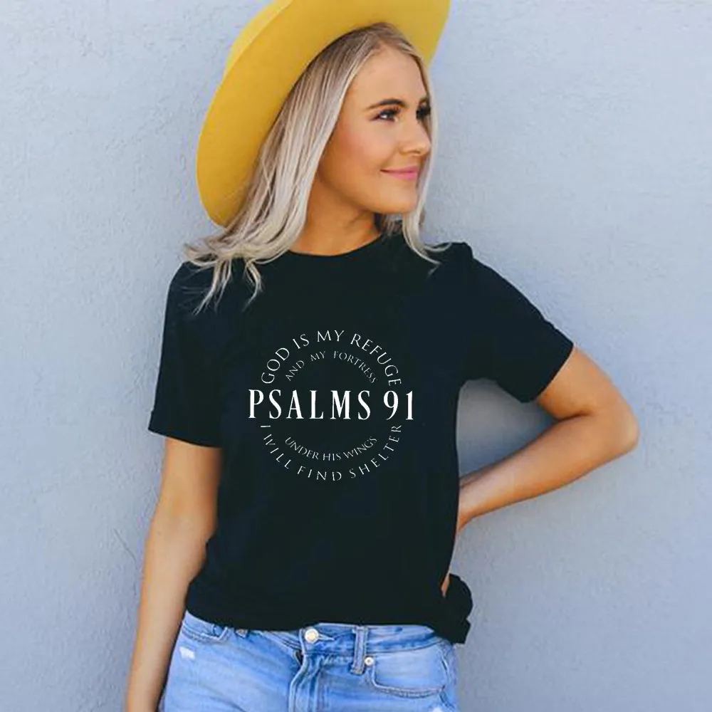 "God Is My Refuge Psalms 91" Christian T Shirts for women