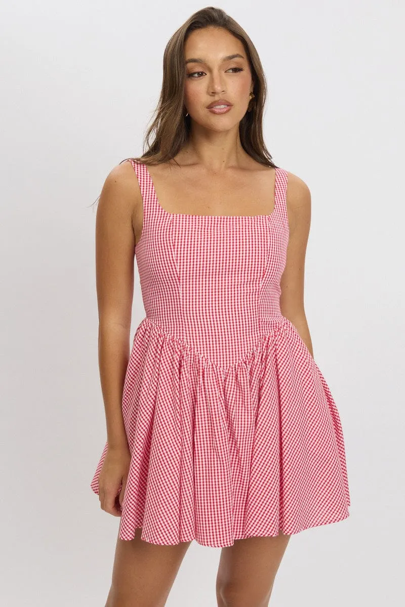 Red Check Fit And Flare Dress Mini