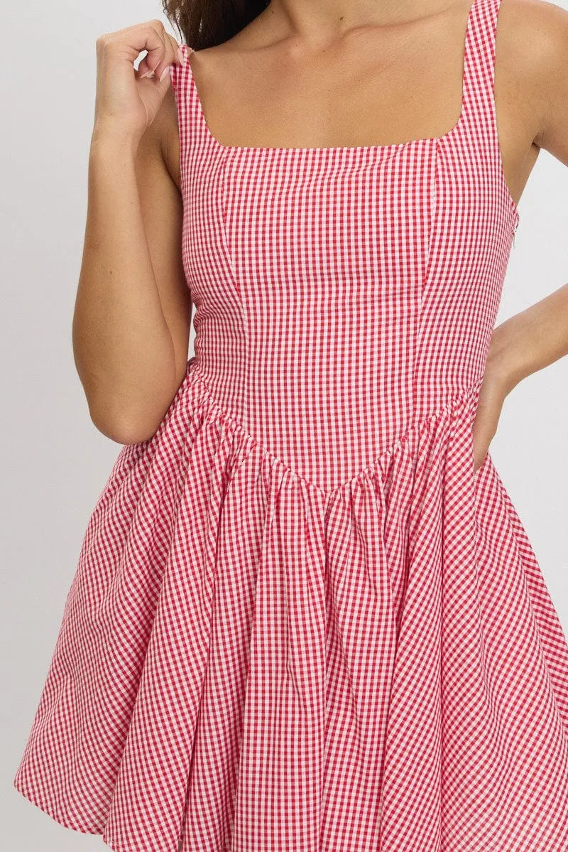 Red Check Fit And Flare Dress Mini