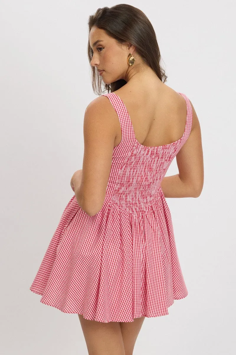 Red Check Fit And Flare Dress Mini
