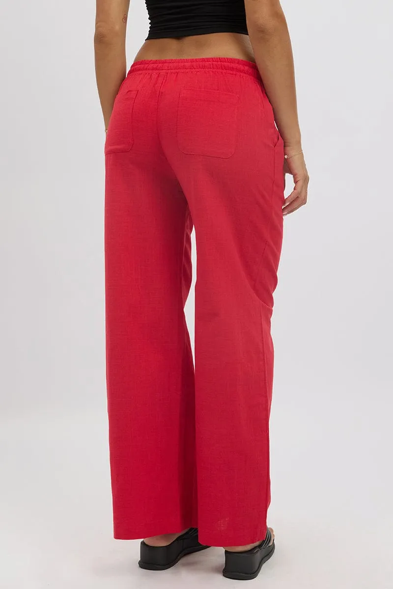 Red Wide Leg Pants Elasticated