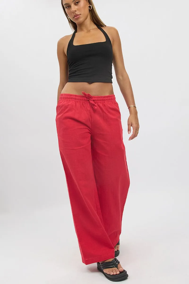 Red Wide Leg Pants Elasticated