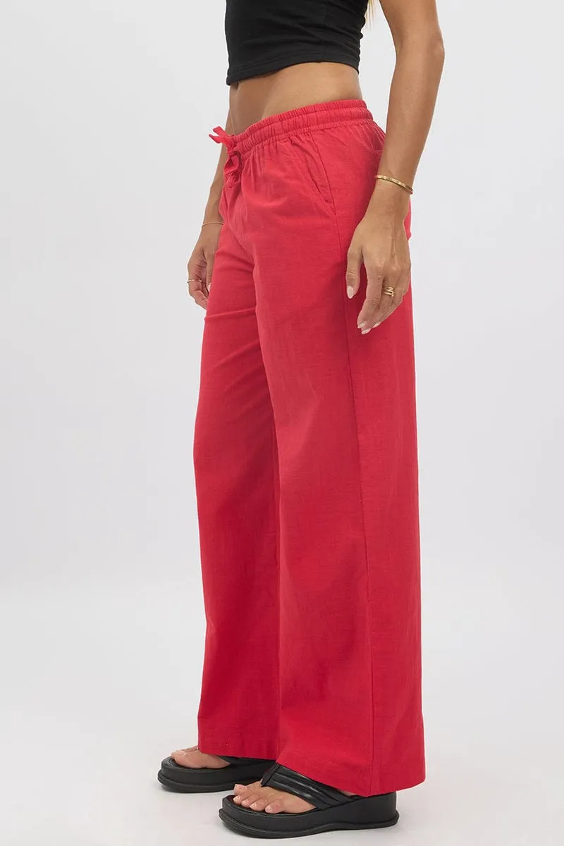Red Wide Leg Pants Elasticated