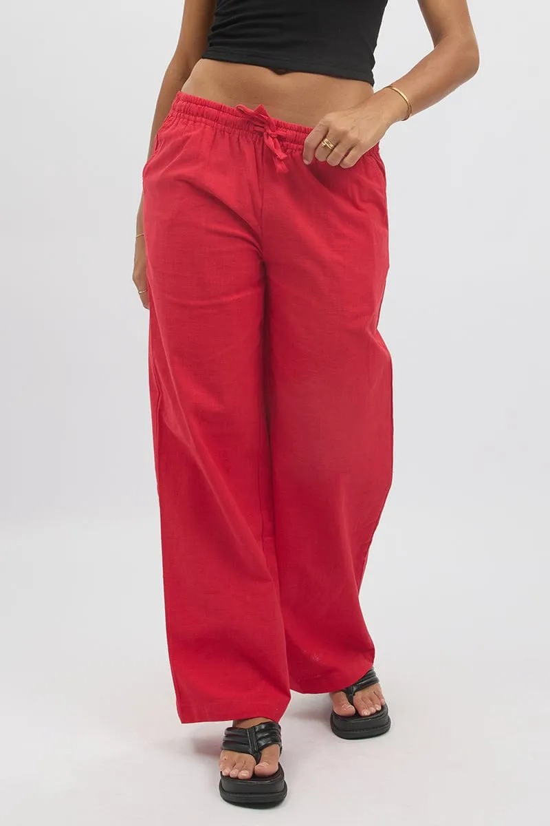 Red Wide Leg Pants Elasticated