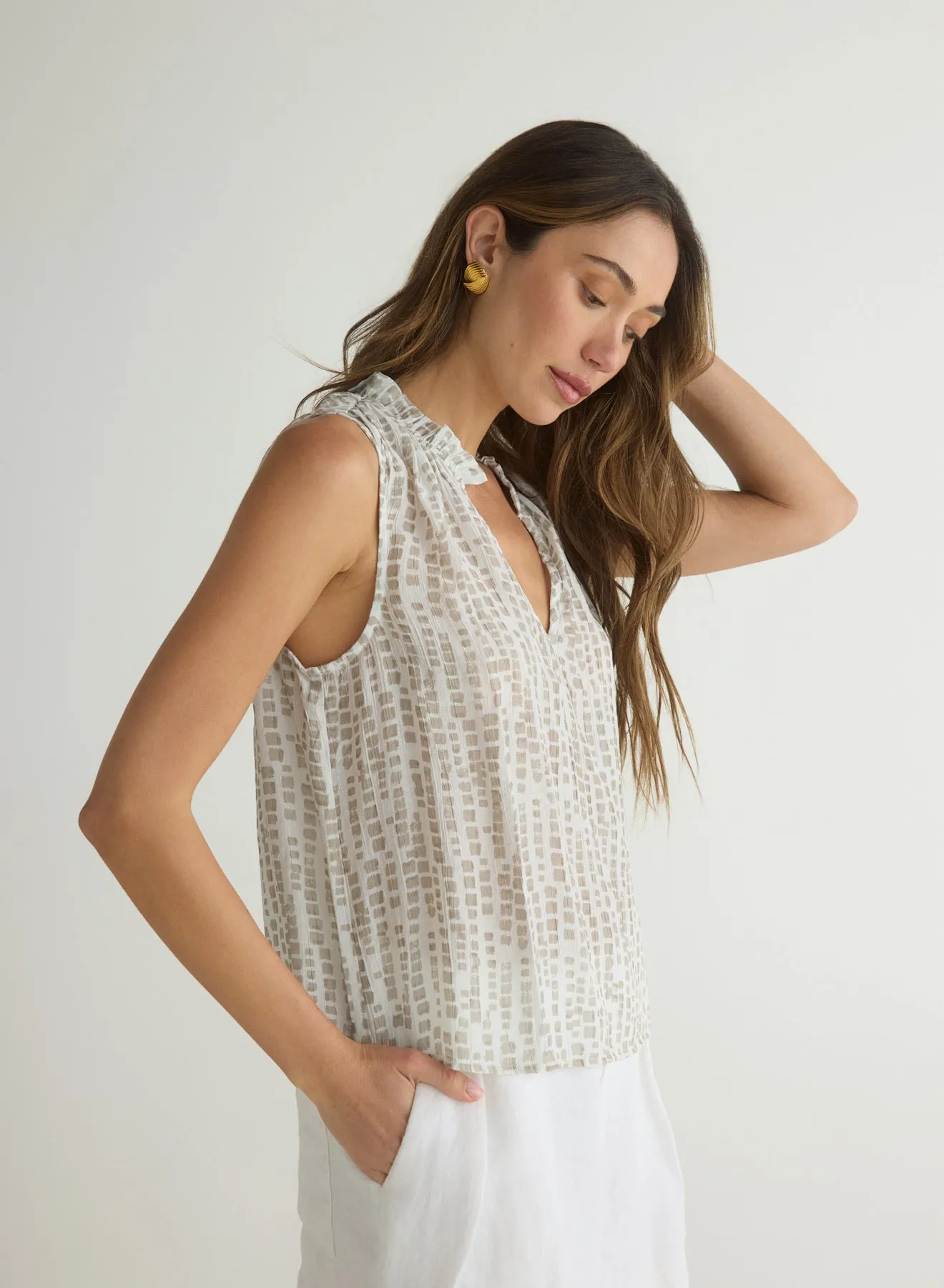 Ruffle Neck Tank - Abstract Blocks Print