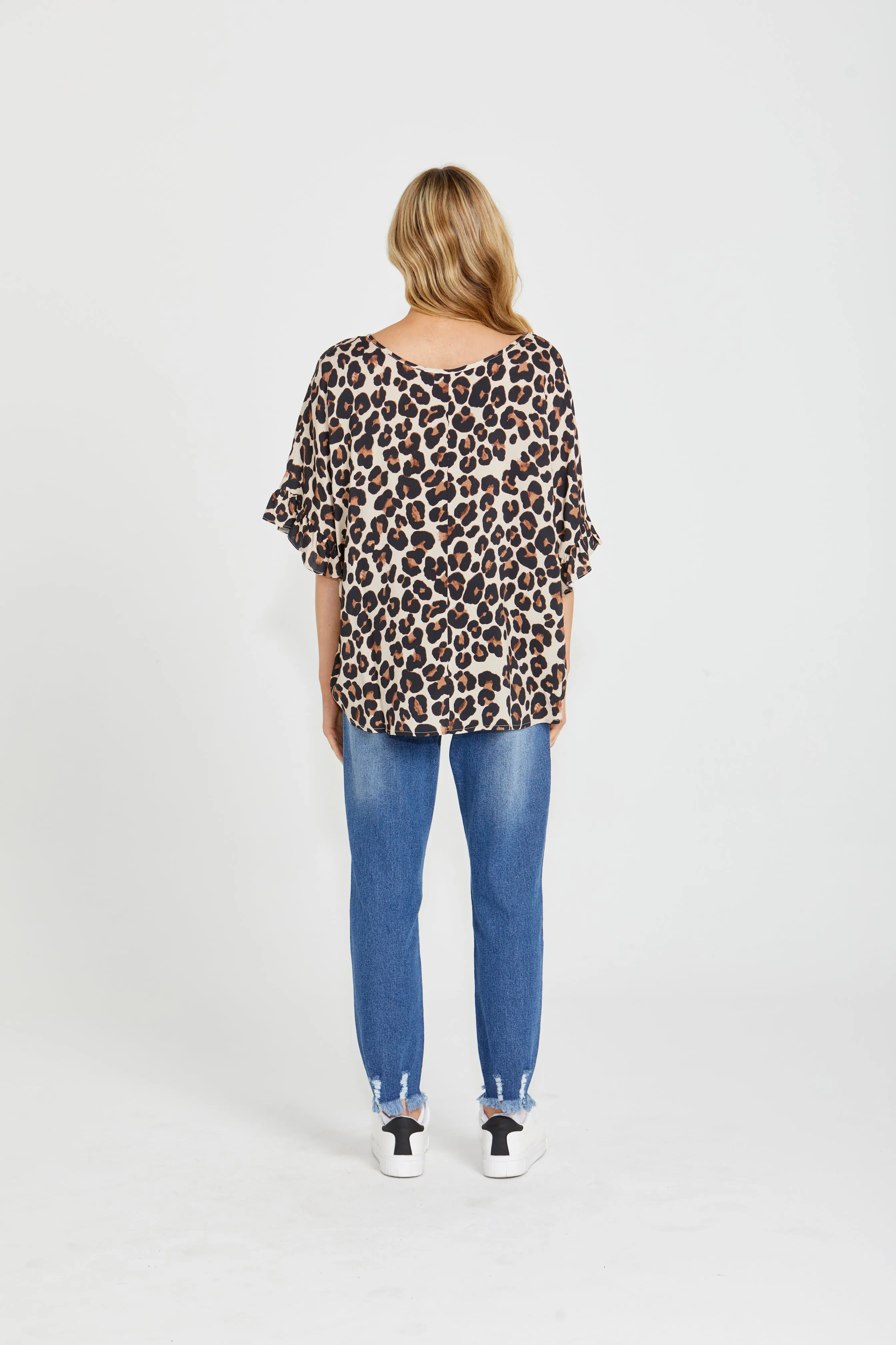 Sass Kylie Relaxed Frill Sleeve Top Animal