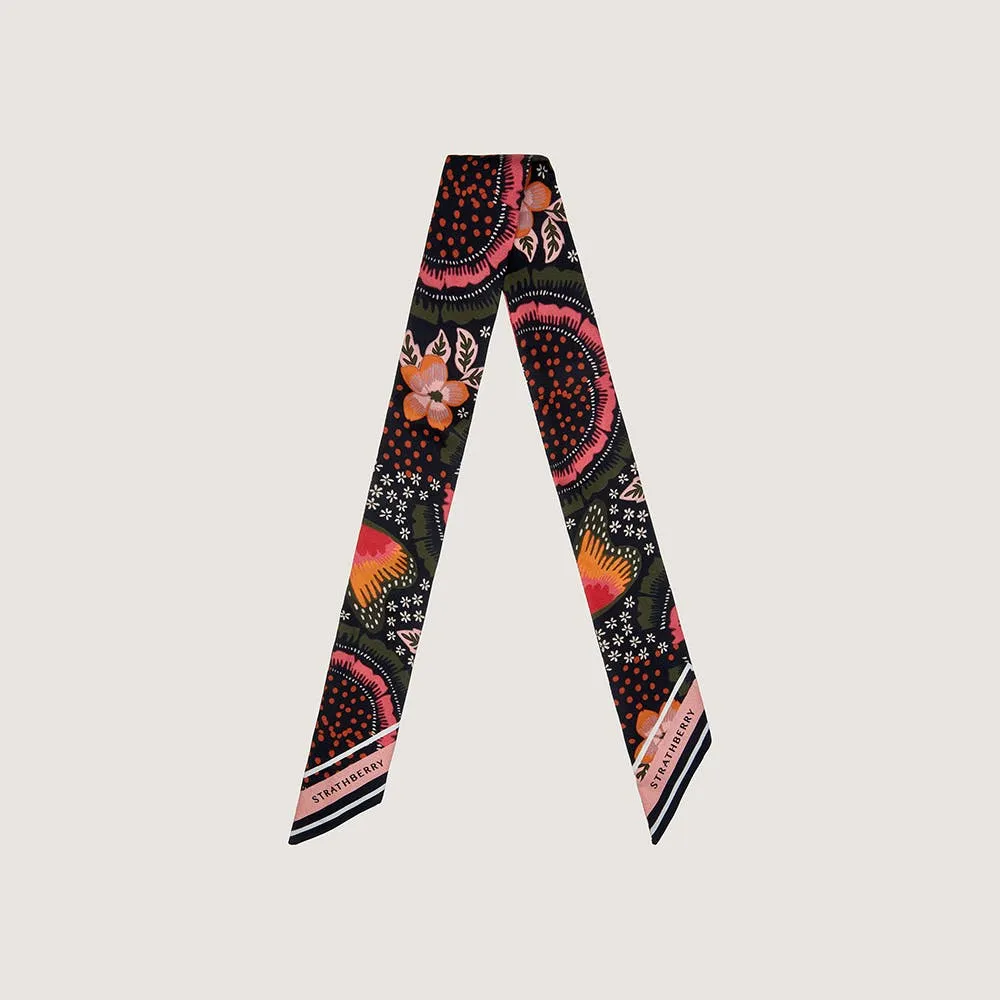 Silk Skinny Scarf - Black/Sienna Embroidery Print