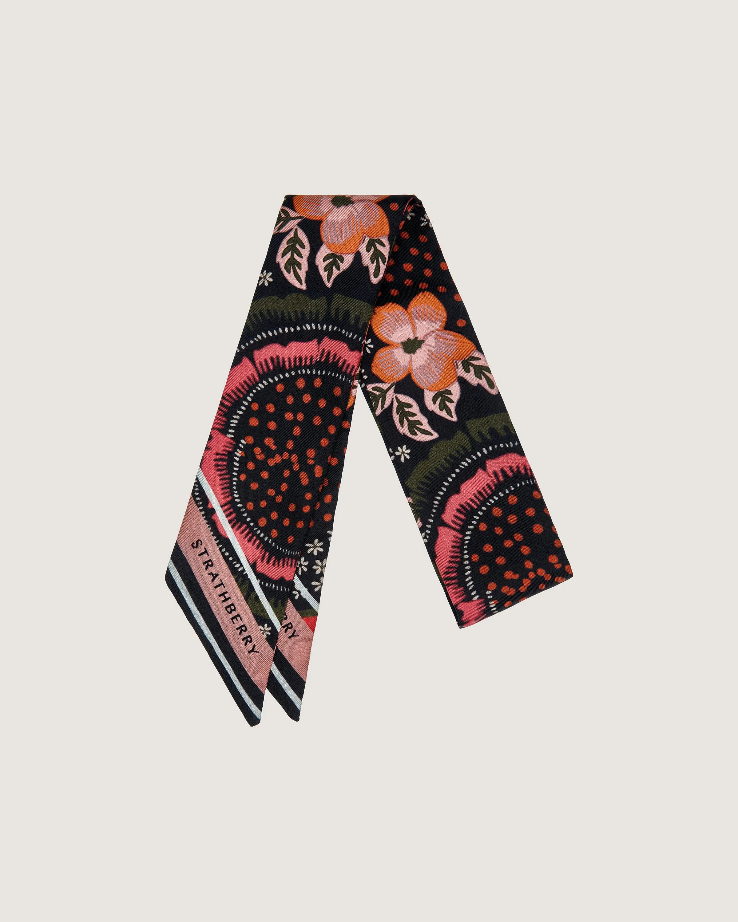 Silk Skinny Scarf - Black/Sienna Embroidery Print