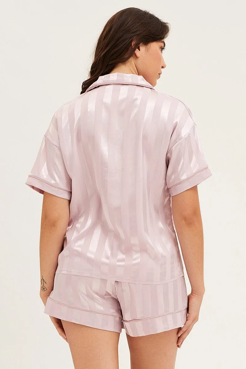 Stripe Satin Pajamas Set Short Sleeve