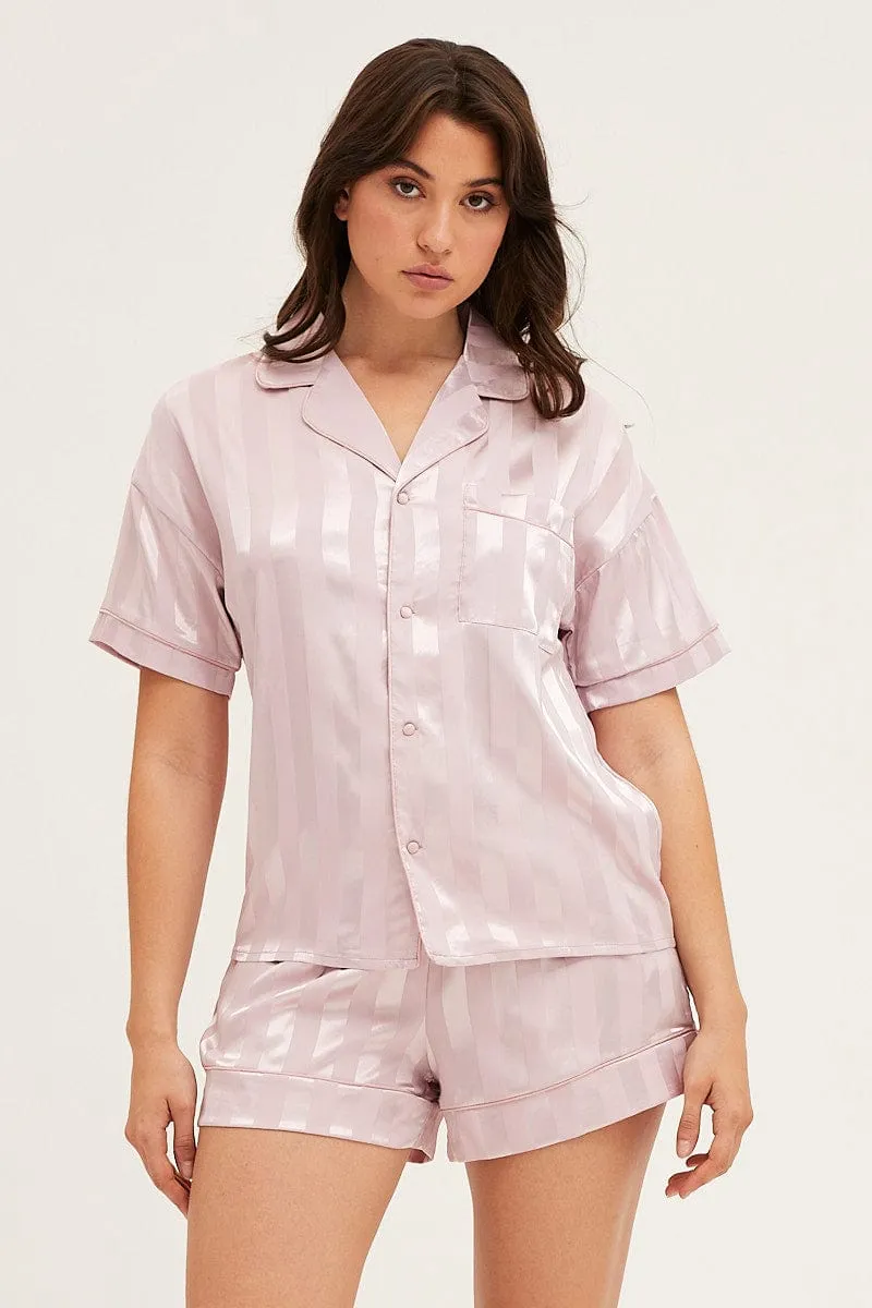 Stripe Satin Pajamas Set Short Sleeve