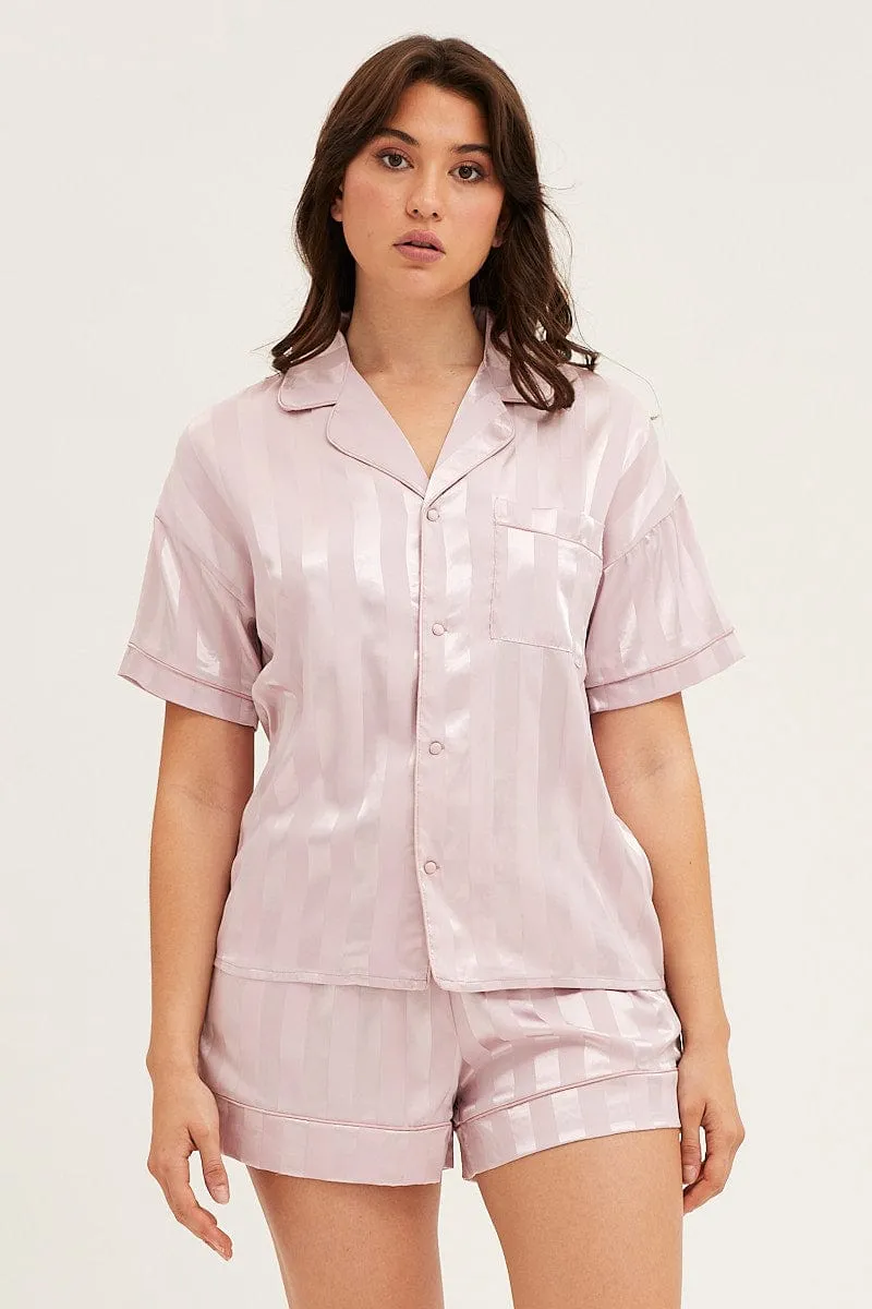 Stripe Satin Pajamas Set Short Sleeve