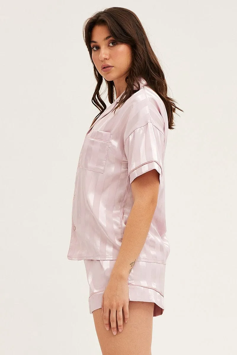 Stripe Satin Pajamas Set Short Sleeve