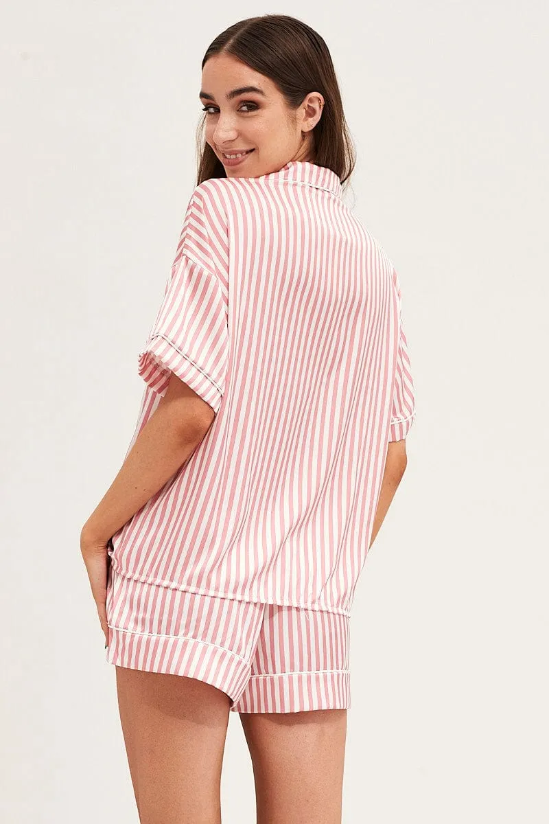 Stripe Satin Short Sleeve Top & Shorts Pj Set