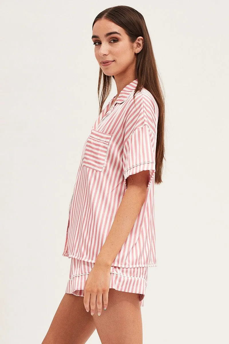 Stripe Satin Short Sleeve Top & Shorts Pj Set