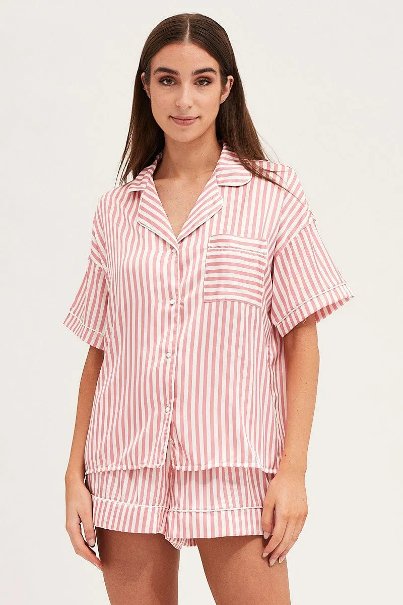 Stripe Satin Short Sleeve Top & Shorts Pj Set