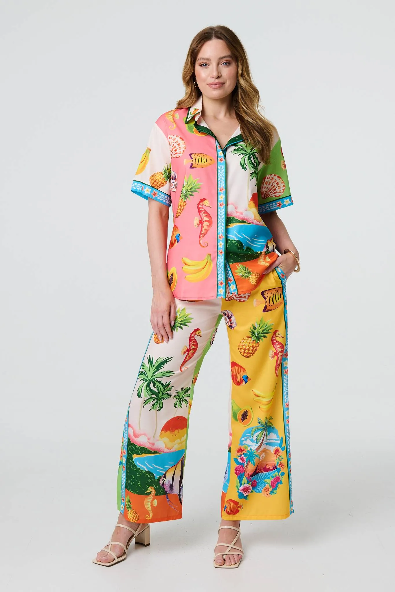 Tropical Print Wide Leg Trousers