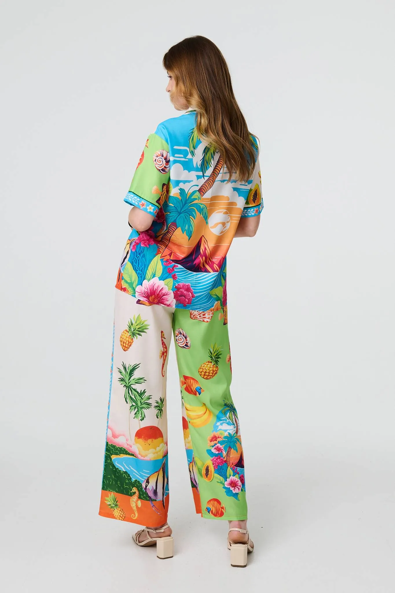 Tropical Print Wide Leg Trousers