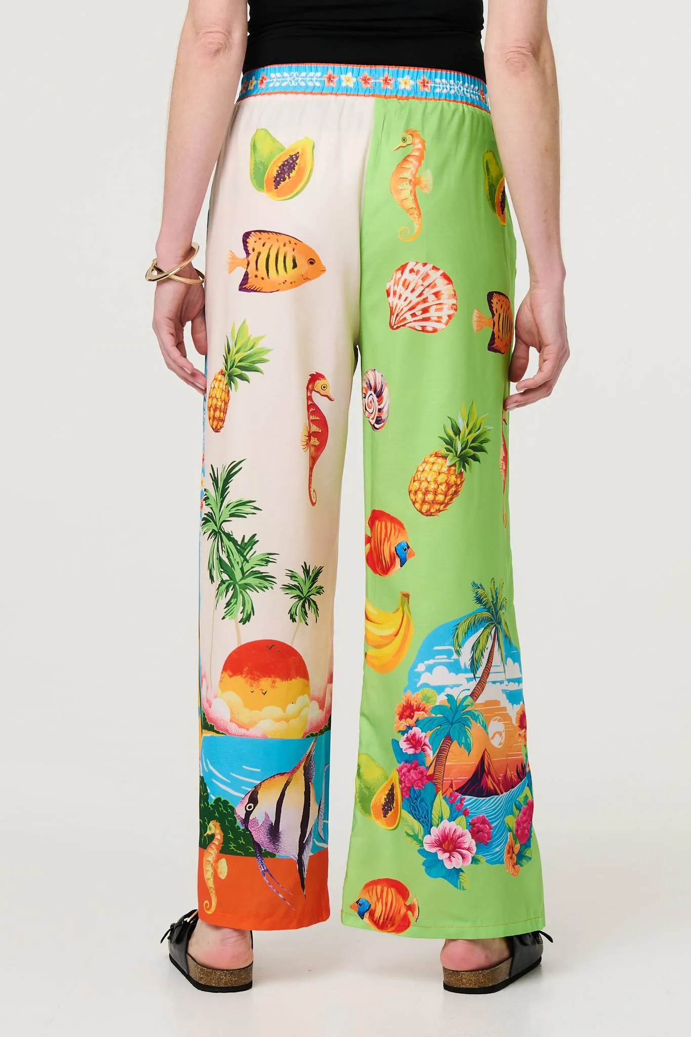 Tropical Print Wide Leg Trousers