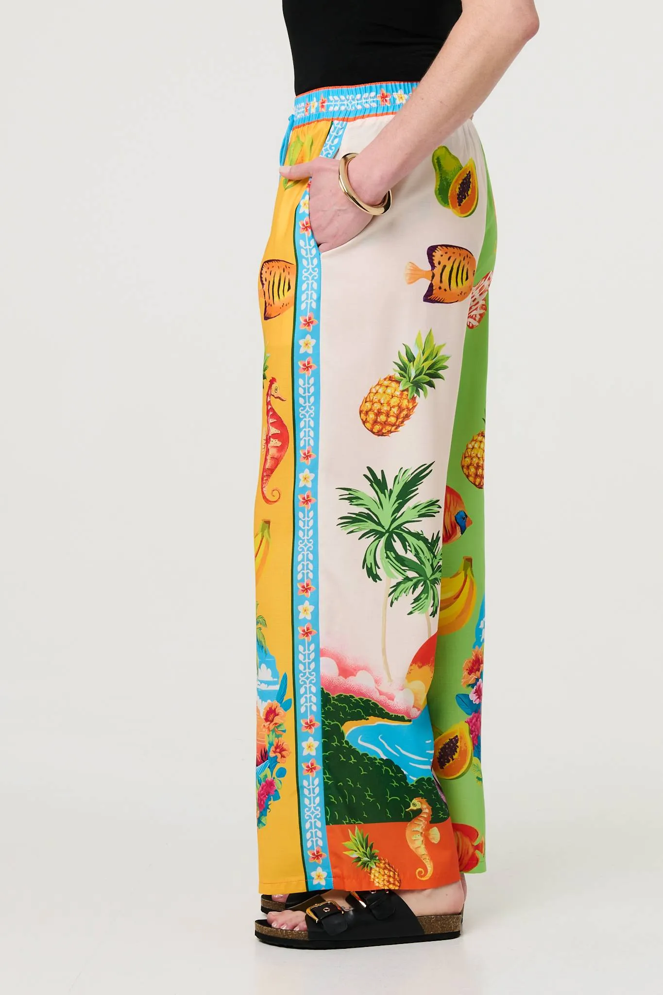 Tropical Print Wide Leg Trousers