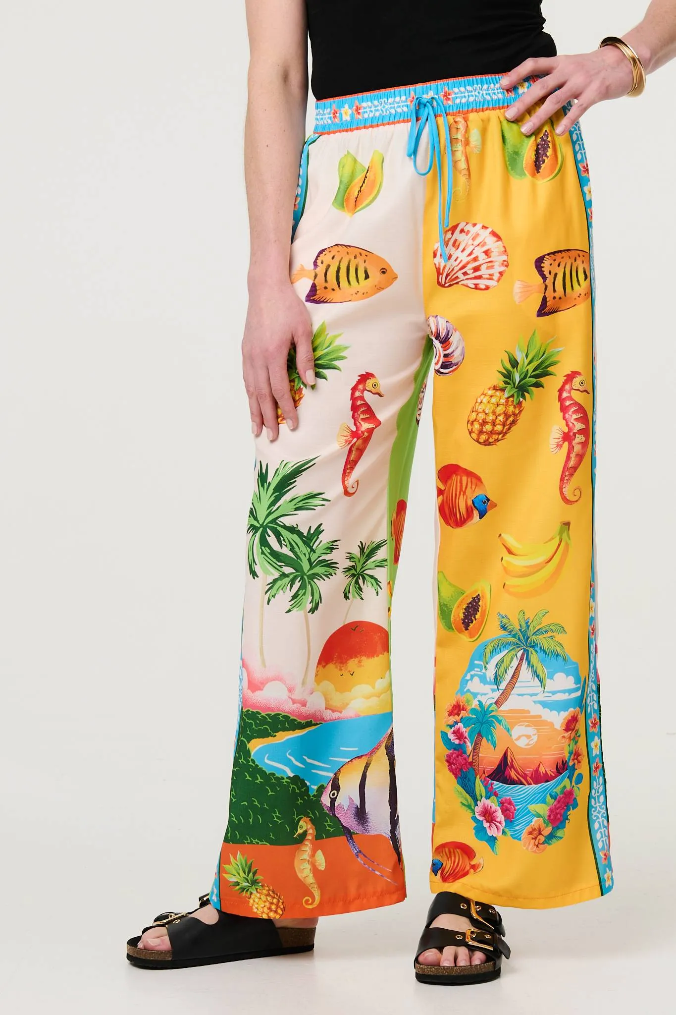 Tropical Print Wide Leg Trousers