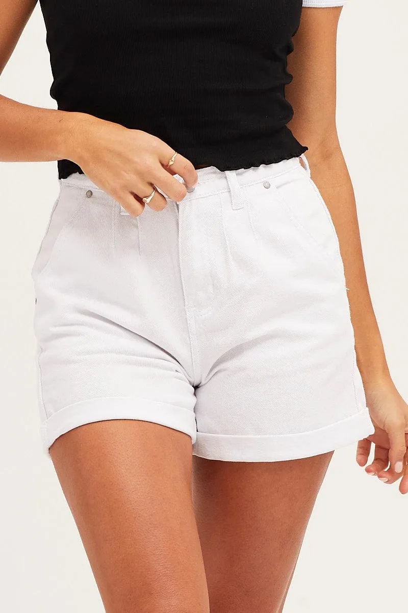 White High Rise Pleats Denim Shorts