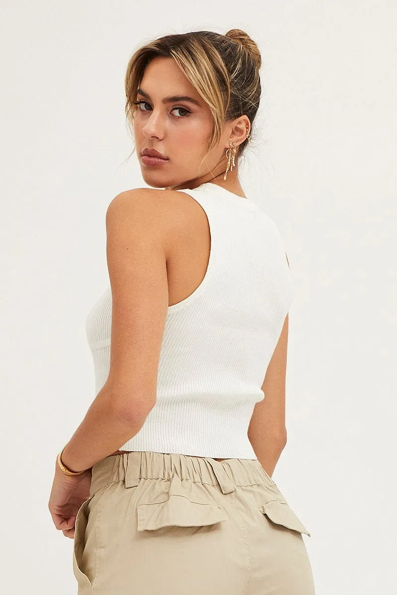 White Knit Top Sleeveless Crop Round Neck