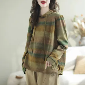 Women Spring Casual Loose Color Block Striped Hooded Sweatshirt