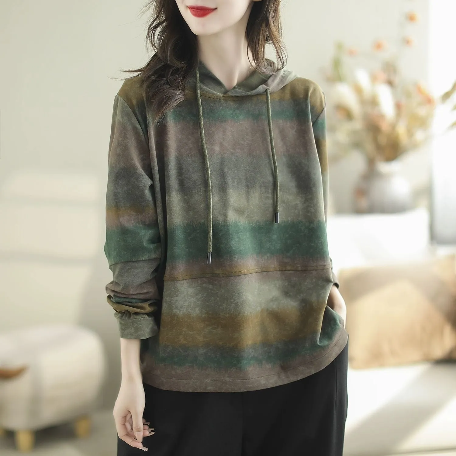 Women Spring Casual Loose Color Block Striped Hooded Sweatshirt