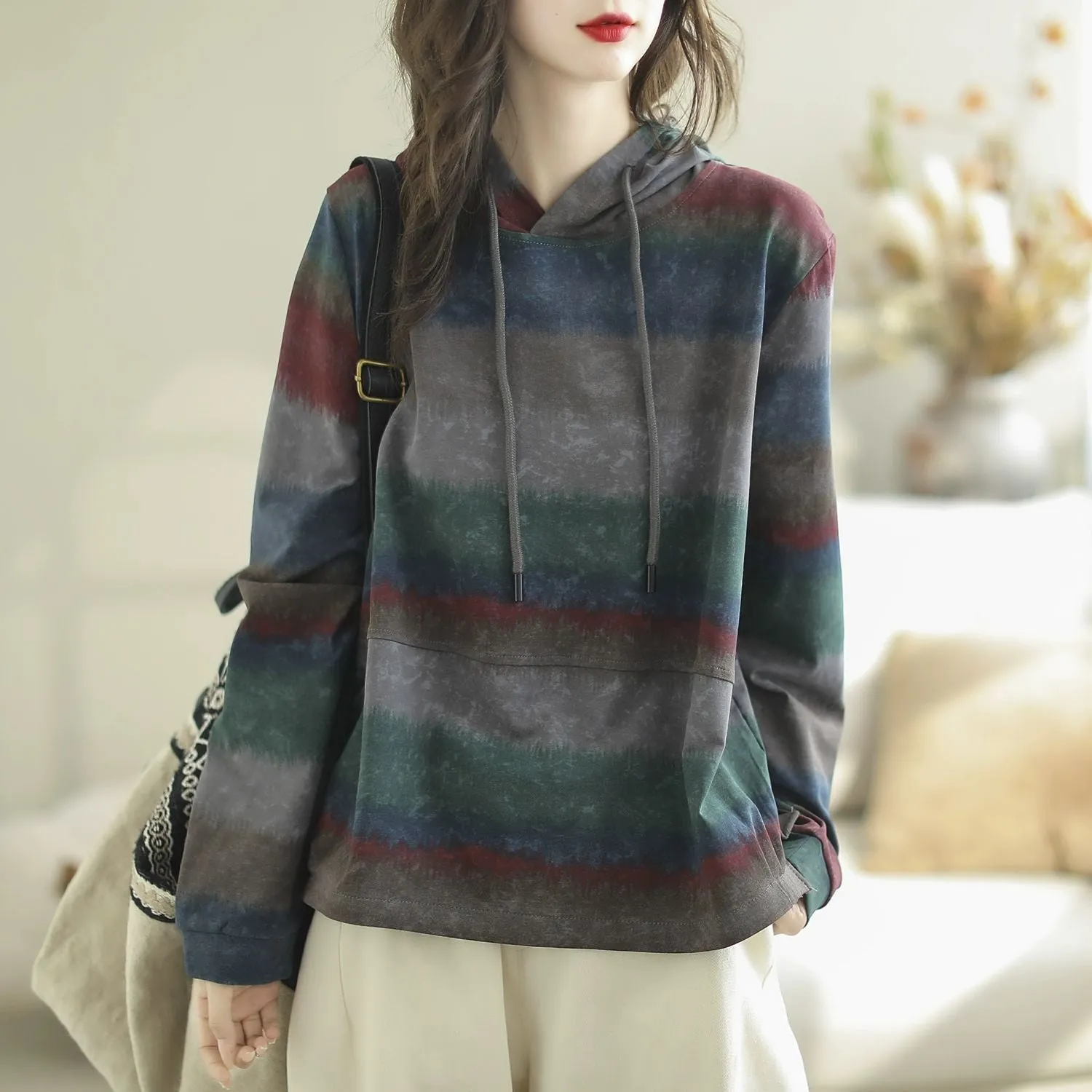Women Spring Casual Loose Color Block Striped Hooded Sweatshirt