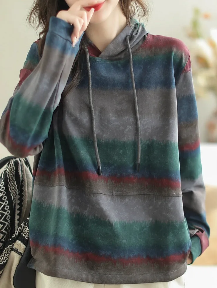 Women Spring Casual Loose Color Block Striped Hooded Sweatshirt