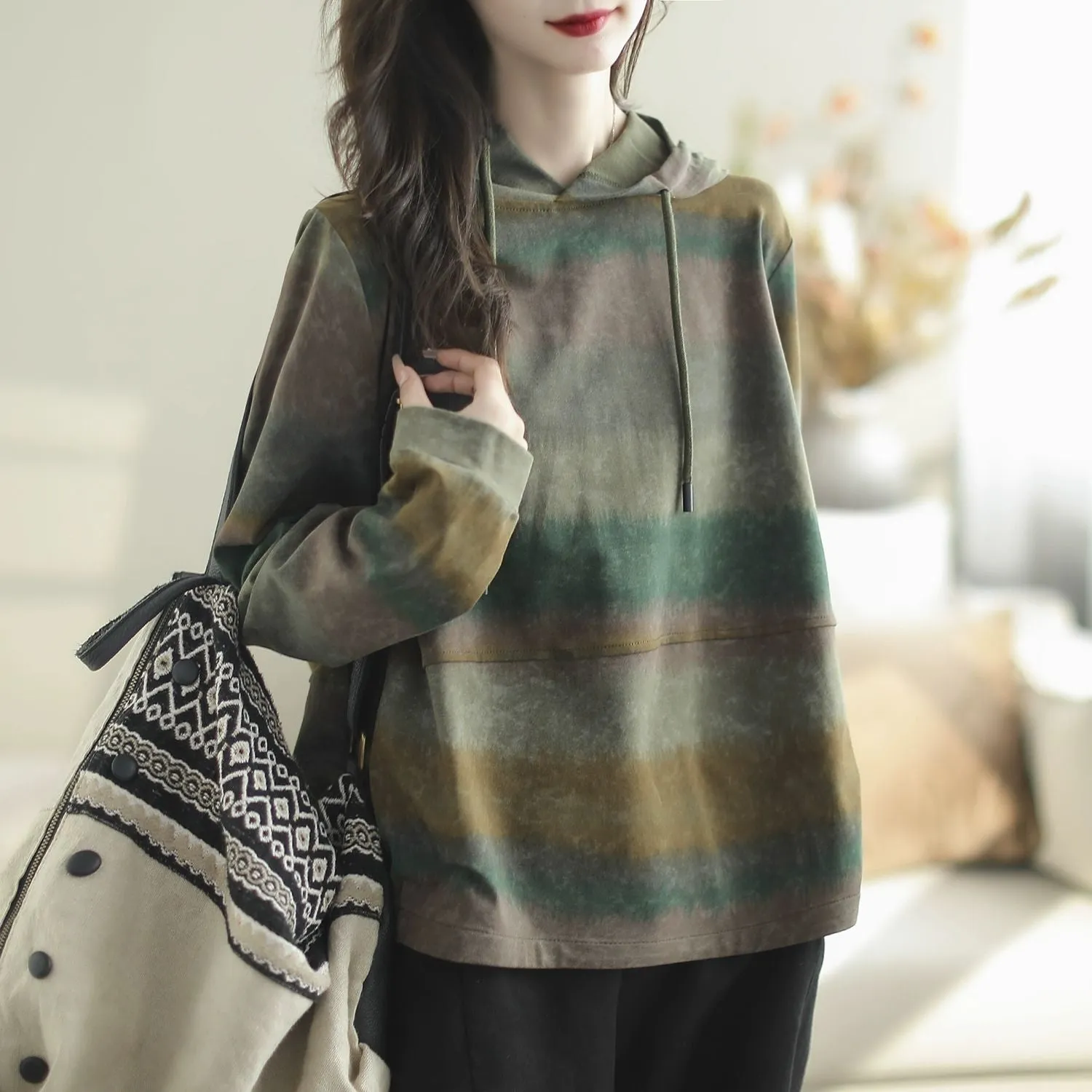 Women Spring Casual Loose Color Block Striped Hooded Sweatshirt
