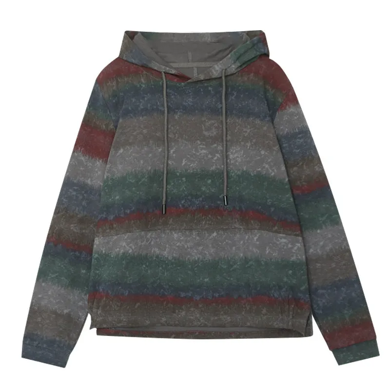 Women Spring Casual Loose Color Block Striped Hooded Sweatshirt