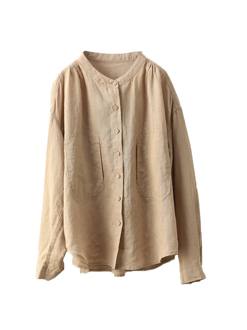Women Spring Casual Loose Single-Breasted Ramie Shirt