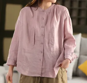 Women Spring Casual Loose Single-Breasted Ramie Shirt
