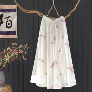 Women Spring Vintage Embroidered Ramie Skirt with Floral