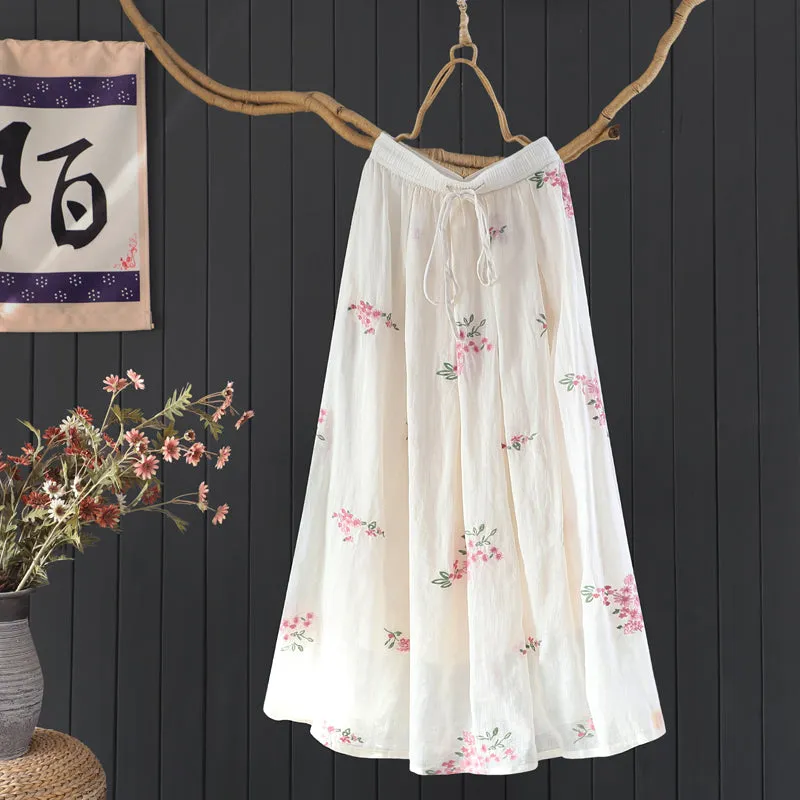 Women Spring Vintage Embroidered Ramie Skirt with Floral