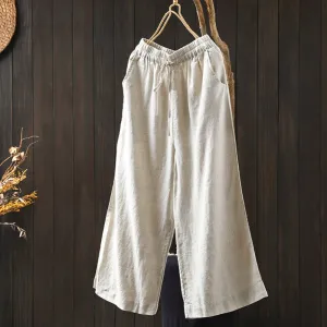 Women Spring Vintage Linen Solid Color Casual Wide-Leg Pants