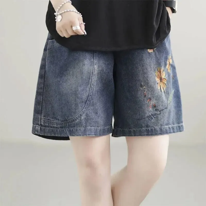 Women Summer Casual Embroidery Loose Denim Shorts