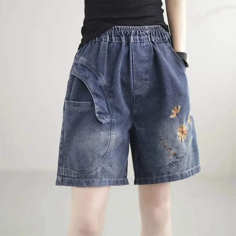 Women Summer Casual Embroidery Loose Denim Shorts