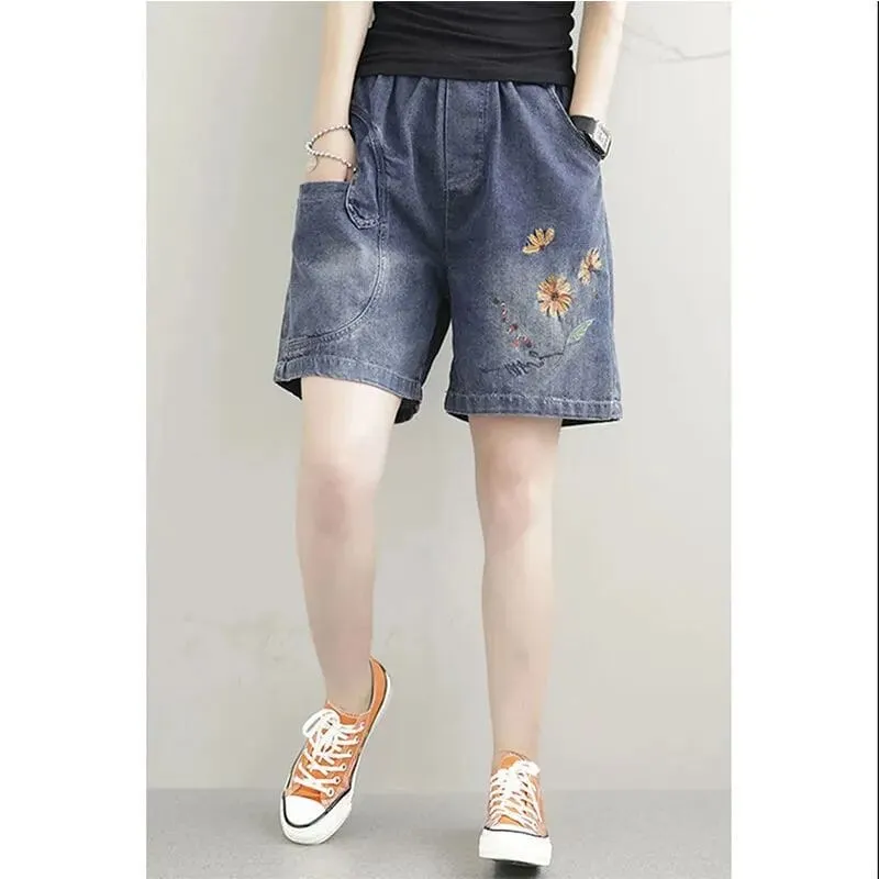 Women Summer Casual Embroidery Loose Denim Shorts