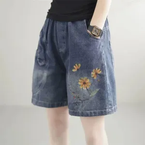 Women Summer Casual Embroidery Loose Denim Shorts